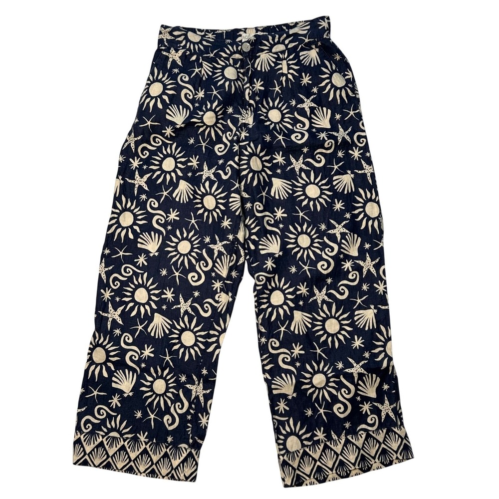 C&C California Sun & Shell Beach Print Linen Lounge Travel Pants Women M Blue‎